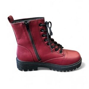 Soda Firm Lace Up Combat Boots with Side Zipper in Burgundy